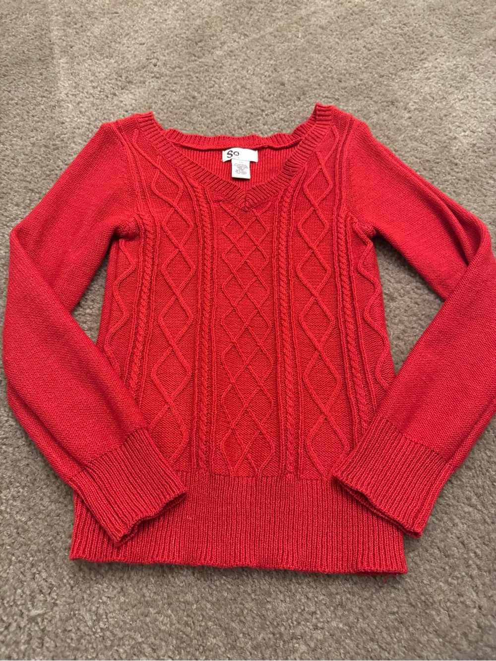 SO Red Cable Knit V-Neck Pullover Sweater